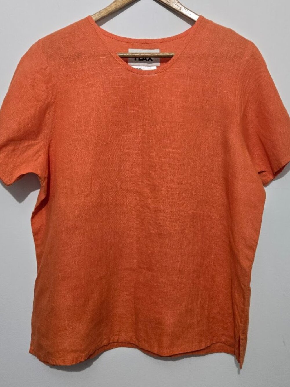 Flax Top Womens Orange Linen Popover Short Sleeve Top Sz Petite 4-6 Relaxed Vaca
